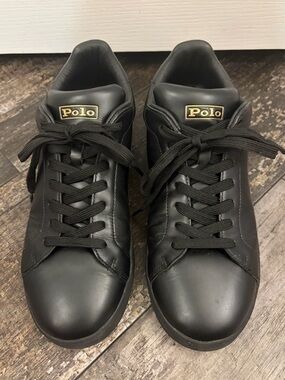 Polo by Ralph Lauren Black Leather Sneakers with Gold Logo
